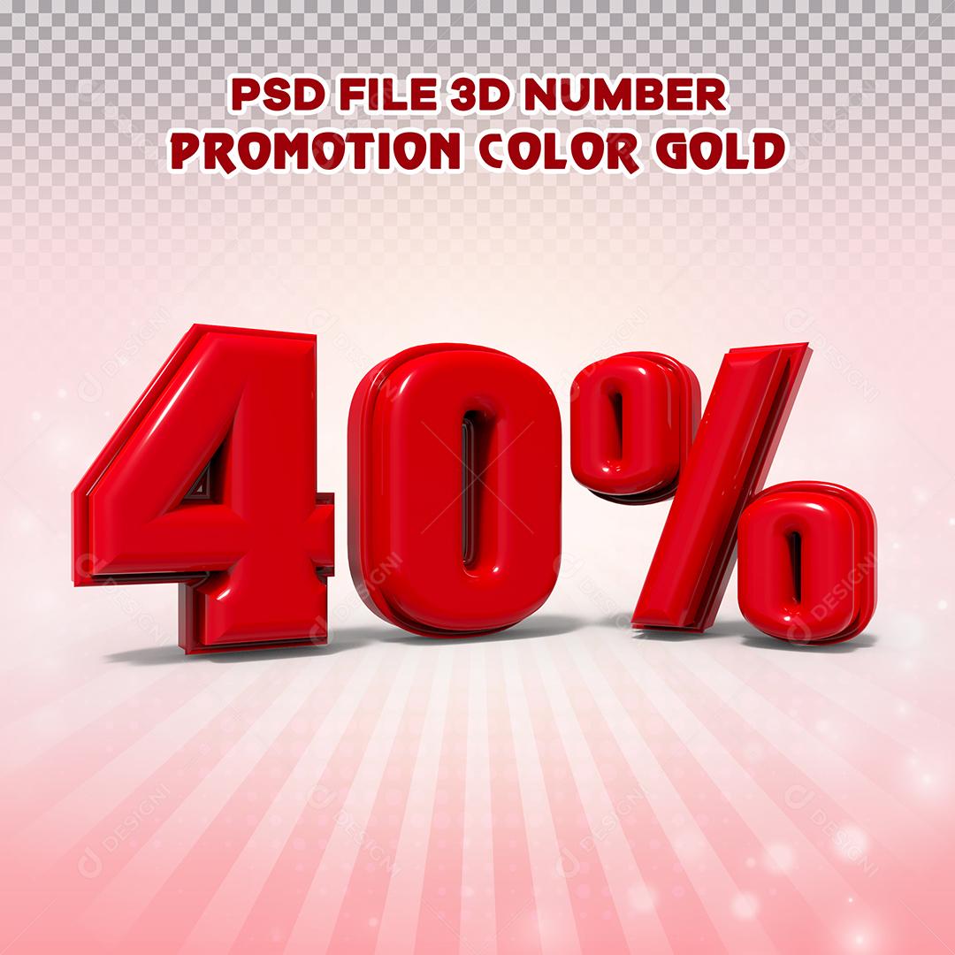 Número 3D 40% Vermelho Elemento Para Composição PSD