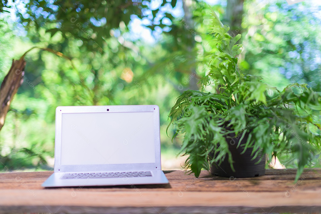 Notebook e equipamento estacionário Na mesa, visão natural