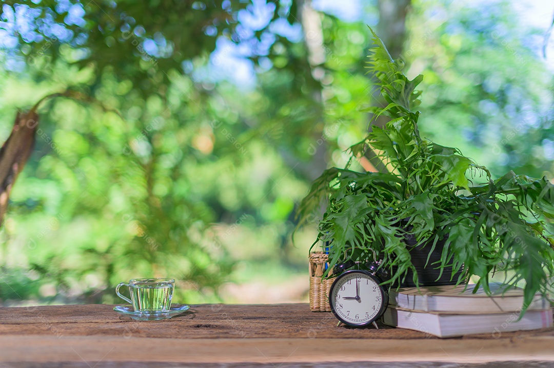Livros, materiais de papelaria estão na mesa.