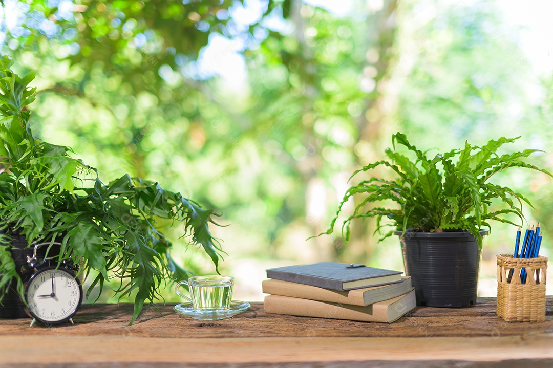 Livros, materiais de papelaria estão na mesa.