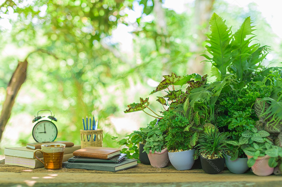 Livros, materiais de papelaria estão na mesa.