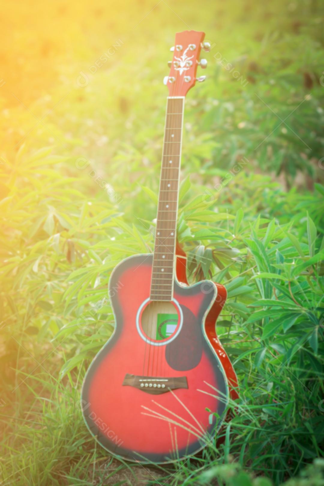 foco embaçado e suave da guitarra na grama ao pôr do sol