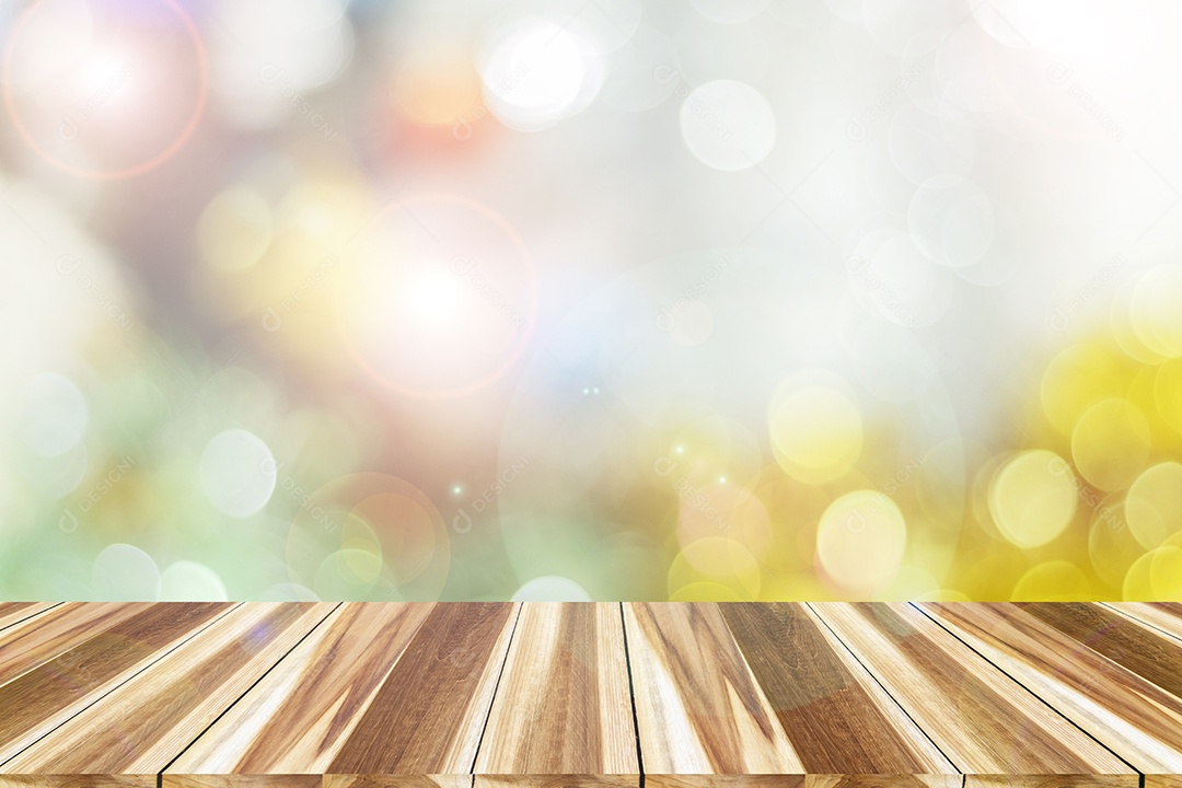 Tampo vazio da mesa de madeira ou balcão em Bokeh circular abstrato