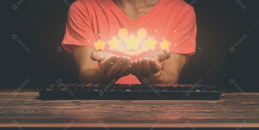 Clientes dão uma ilustração 3D de classificação de satisfação de serviço de cinco estrelas