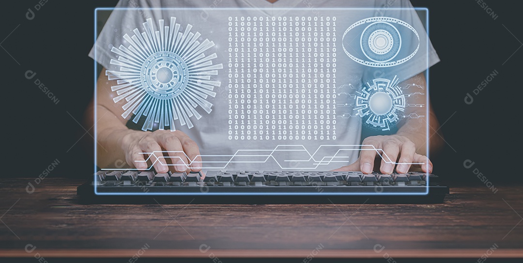 Homem usando ilustração de tela holográfica de computador