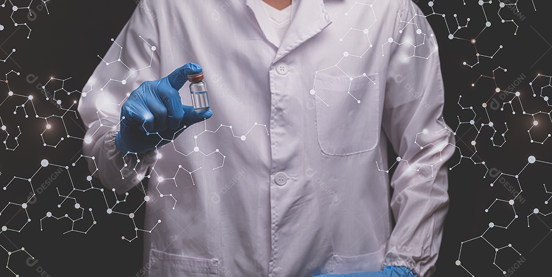 Médico segura uma garrafa de ilustração de medicamento vacinal