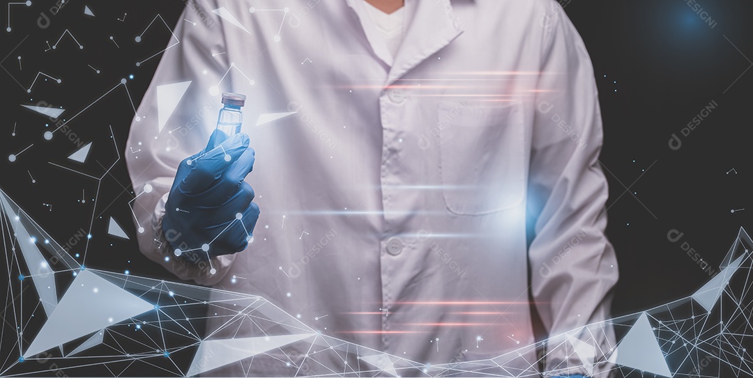 Médico segura uma garrafa de ilustração de medicamento vacinal