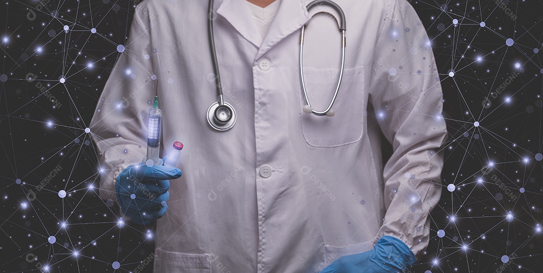 Médico segura uma garrafa de ilustração de medicamento vacinal