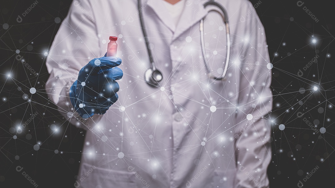 Médico segura uma garrafa de ilustração de medicamento vacinal