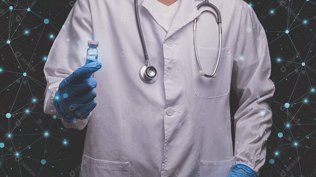 Médico segura uma garrafa de ilustração de medicamento vacinal