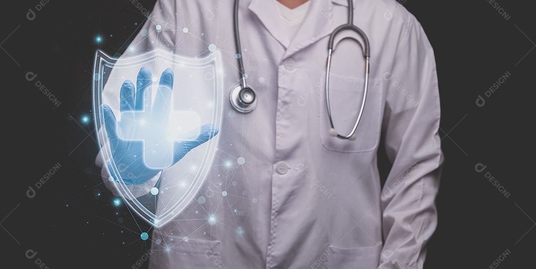 Médico mostra um holograma um símbolo de tratamento para ilustração de doenças