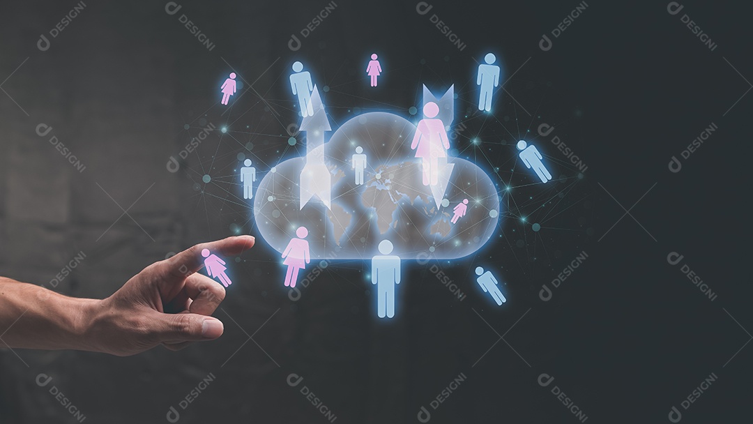 Mão apontando para símbolo de backup online com pessoas ao redor do mundo ilustração