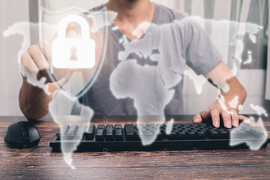 Pessoa mostrando teclas de ícone para bloquear, proteger o sistema e a ilustração de dados