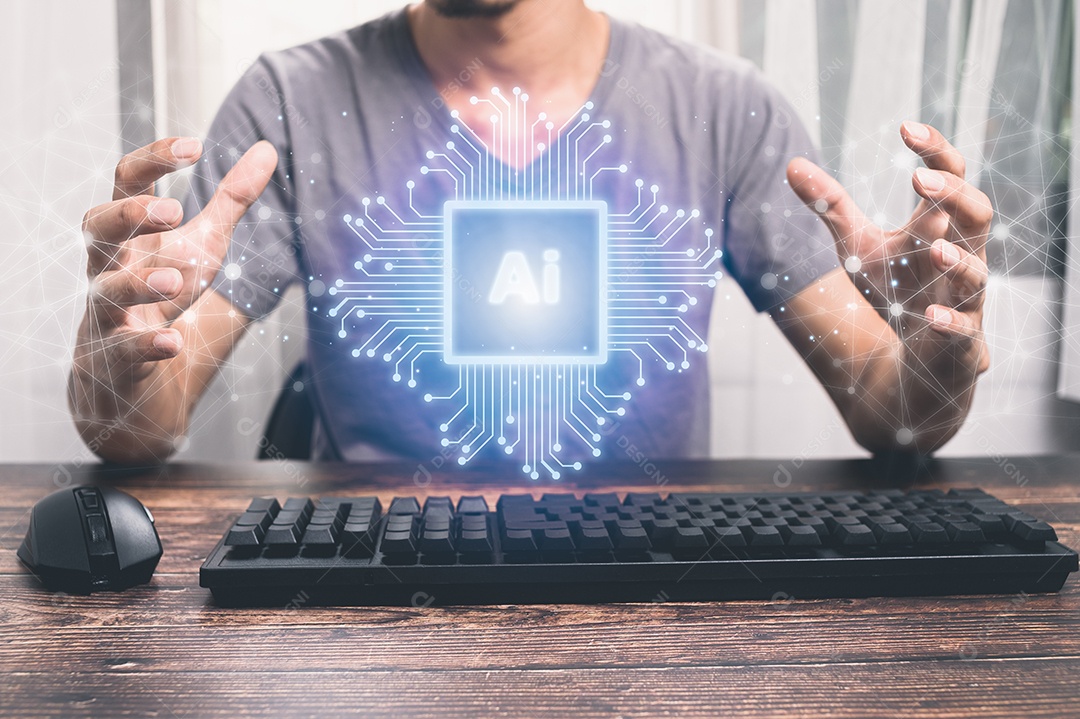 Ícones, chips eletrônicos e ilustração de símbolos de IA