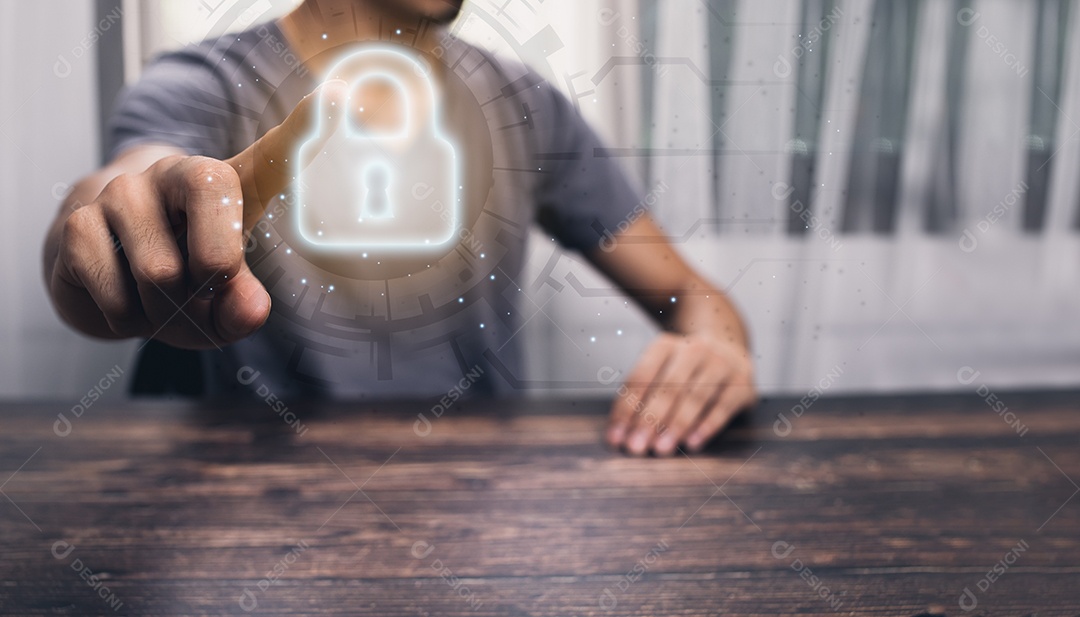 Pessoa mostrando teclas de ícone para bloquear, proteger o sistema e a ilustração de dados