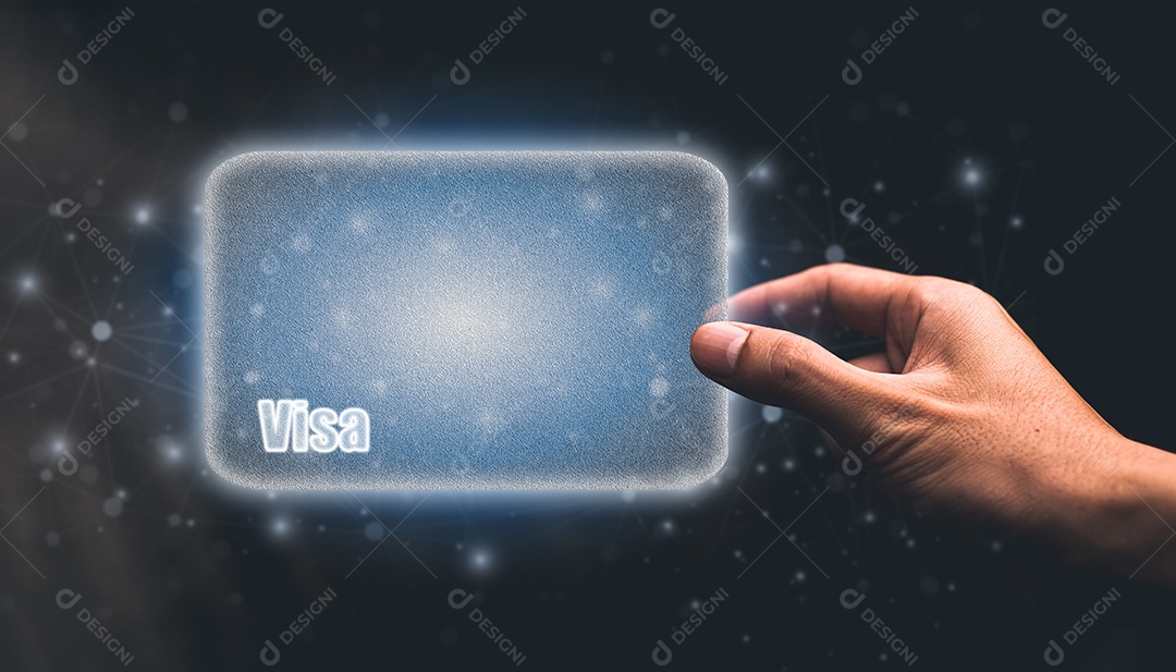 Mão segurando o cartão visa, cartão de crédito, cartão de dinheiro, ilustração digital