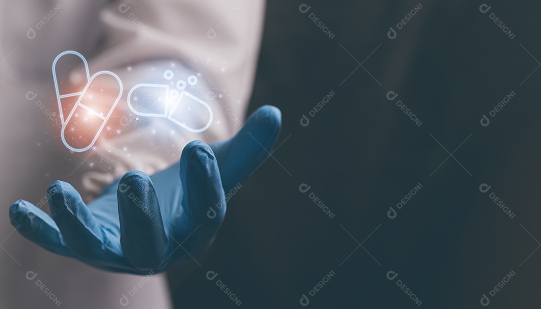 Médico segurando medicina símbolo, cuidados de saúde, ilustração