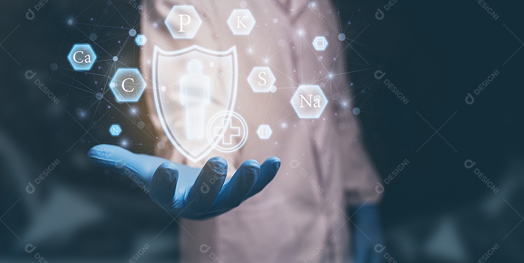 Doctor shows the symbols, minerals, basic foods that people need Illustration