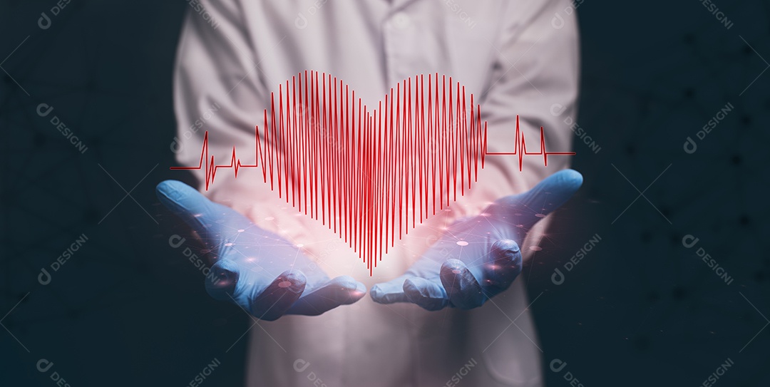 Médico mostrando ícone, onda cardíaca, forma, coração. Ilustração