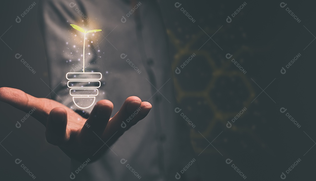 Conceitos de conservação ambiental e planta de aquecimento global crescendo dentro da lâmpada