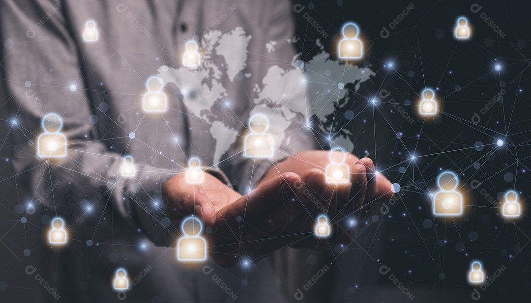 Segurando a mão, símbolo, pessoas se comunicando através da rede social