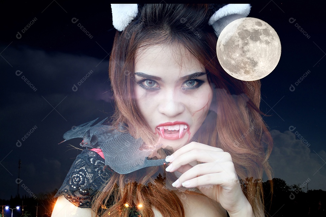 Dupla exposição bela jovem como vampiro sexy - dia das bruxas