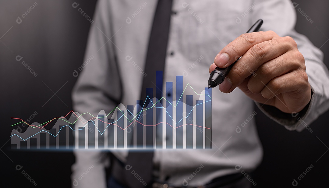 Empresário investindo em ações exibir gráfico de holograma ilustração