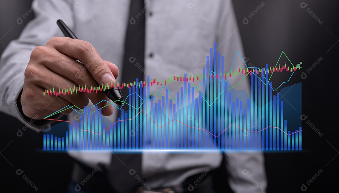 Empresário investindo em ações exibir gráfico de holograma ilustração