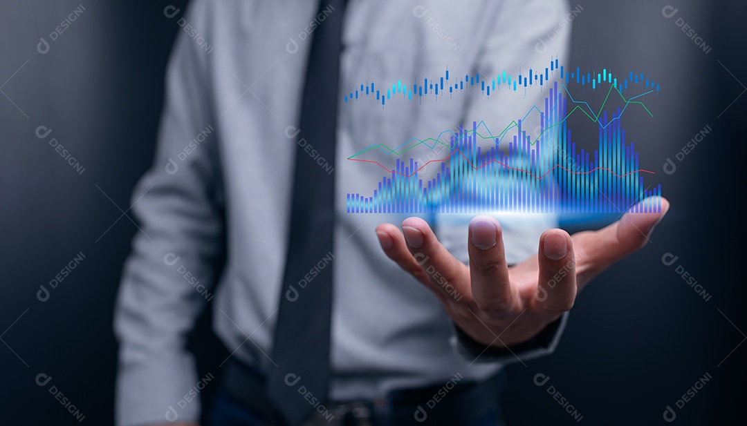 Empresário investindo em ações exibir gráfico de holograma ilustração de crescimento