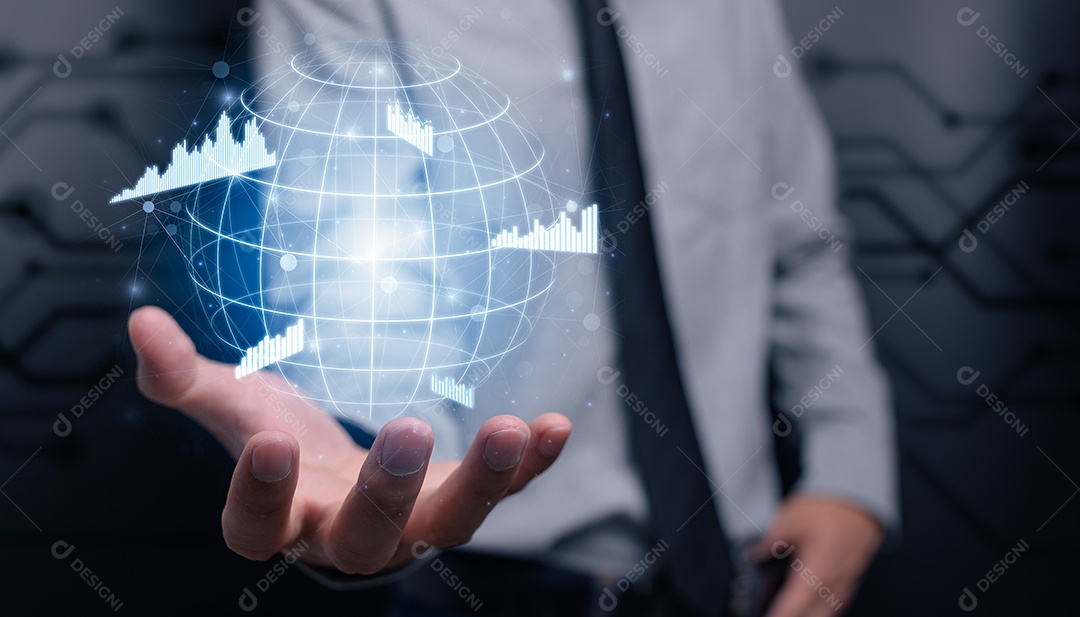 Empresário investindo em ações exibir gráfico de holograma ilustração de crescimento