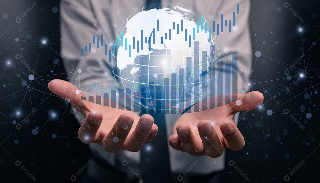 Empresário investindo em ações exibir gráfico de holograma ilustração de crescimento