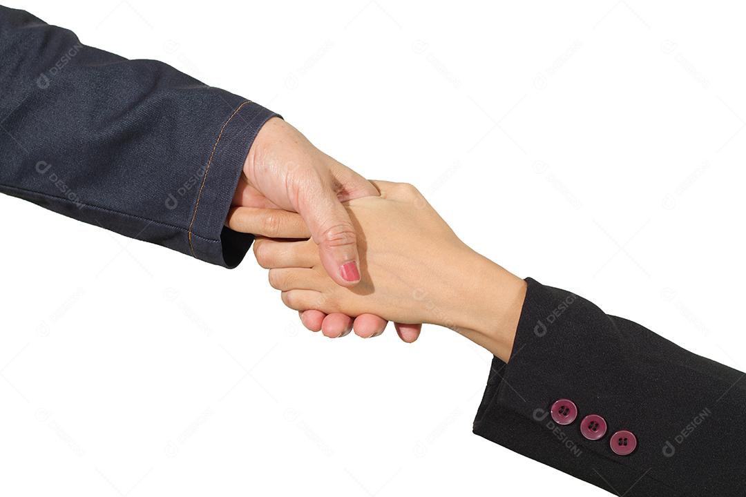 Aperto de mão de empresária isolado em branco com traçado de recorte