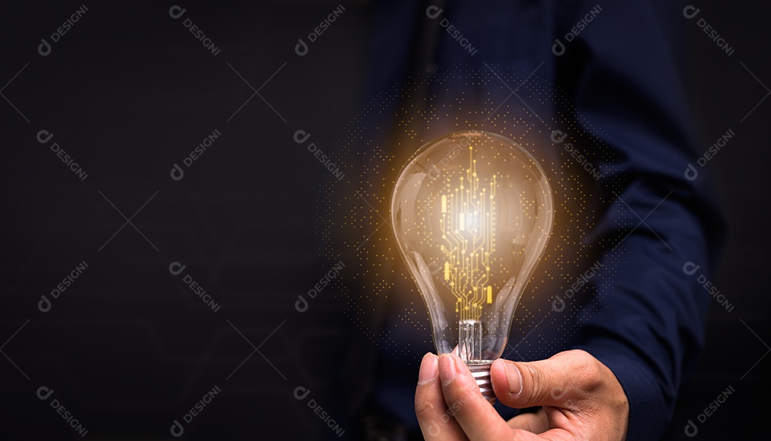 Mão segurando o conceito de lâmpada AI digital