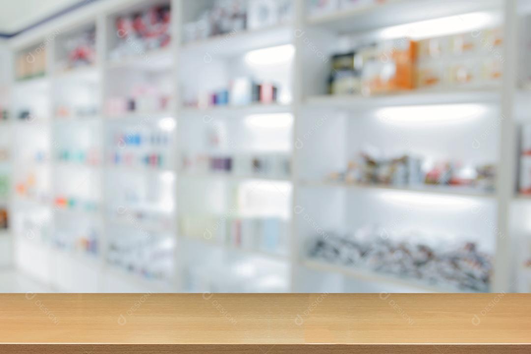 armário de remédios embaçado e loja de remédios e farmácia para fundo com madeira de perspectiva