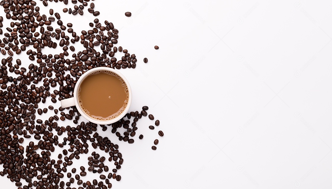 Caneca de café, grãos de café, cena de fundo branco