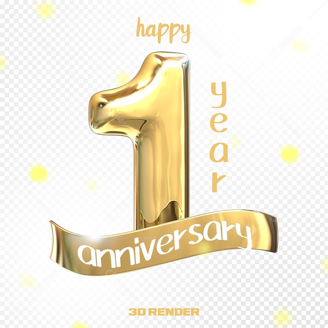 Aniversário de 1 Ano Elemento 3D Dourado PSD