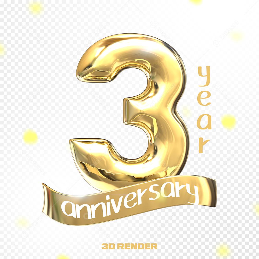 Aniversário de 3 Anos Elemento 3D Dourado PSD