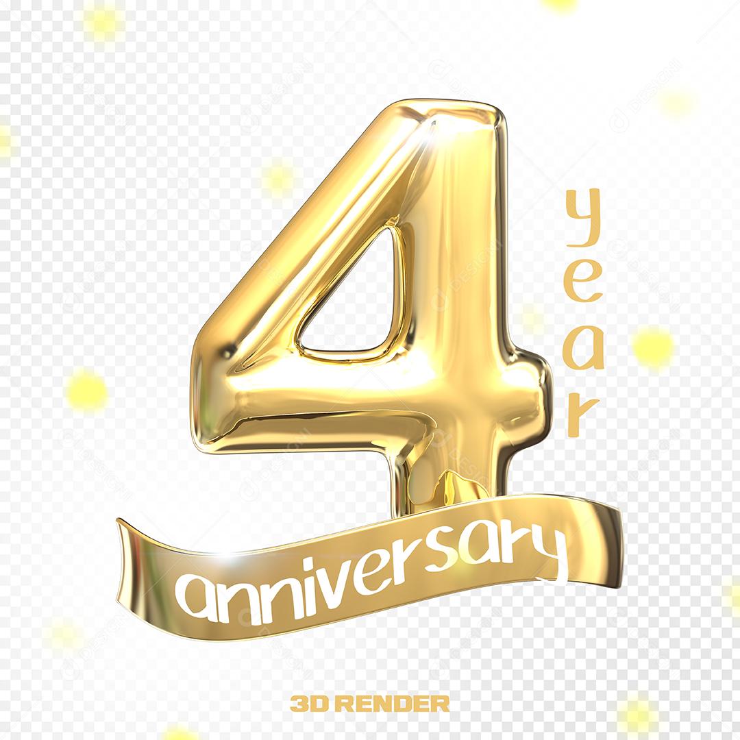 Aniversário de 4 Anos Elemento 3D Dourado PSD
