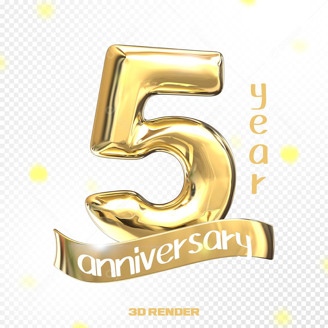 Aniversário de 5 Anos Elemento 3D Dourado PSD