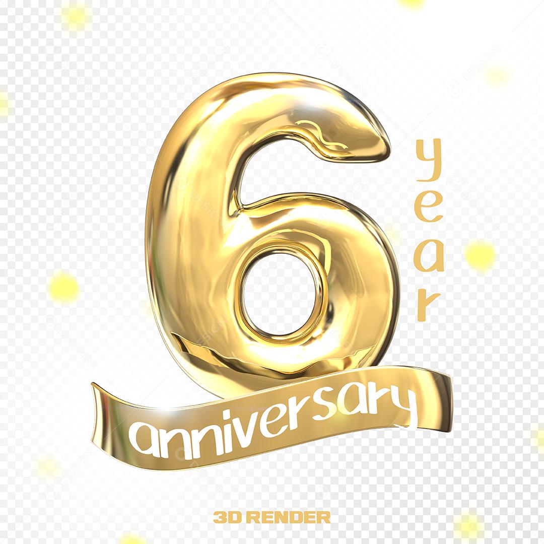 Aniversário de 6 Anos Elemento 3D Dourado PSD