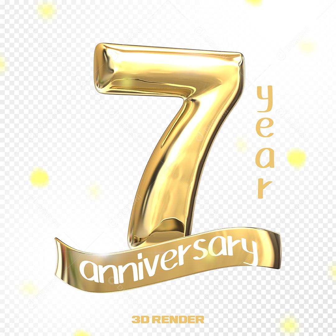 Aniversário de 7 Anos Elemento 3D Dourado PSD