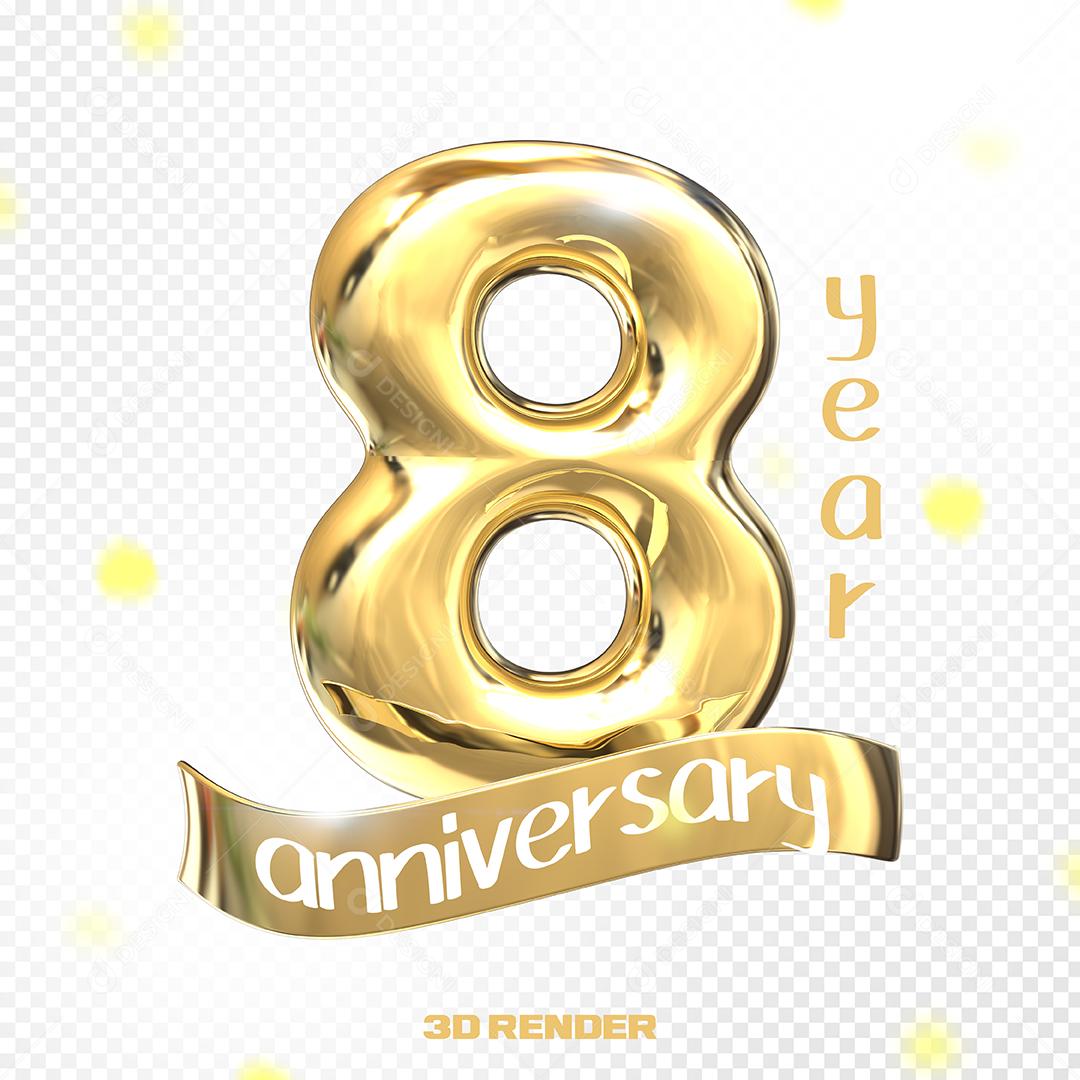 Aniversário de 8 Anos Elemento 3D Dourado PSD