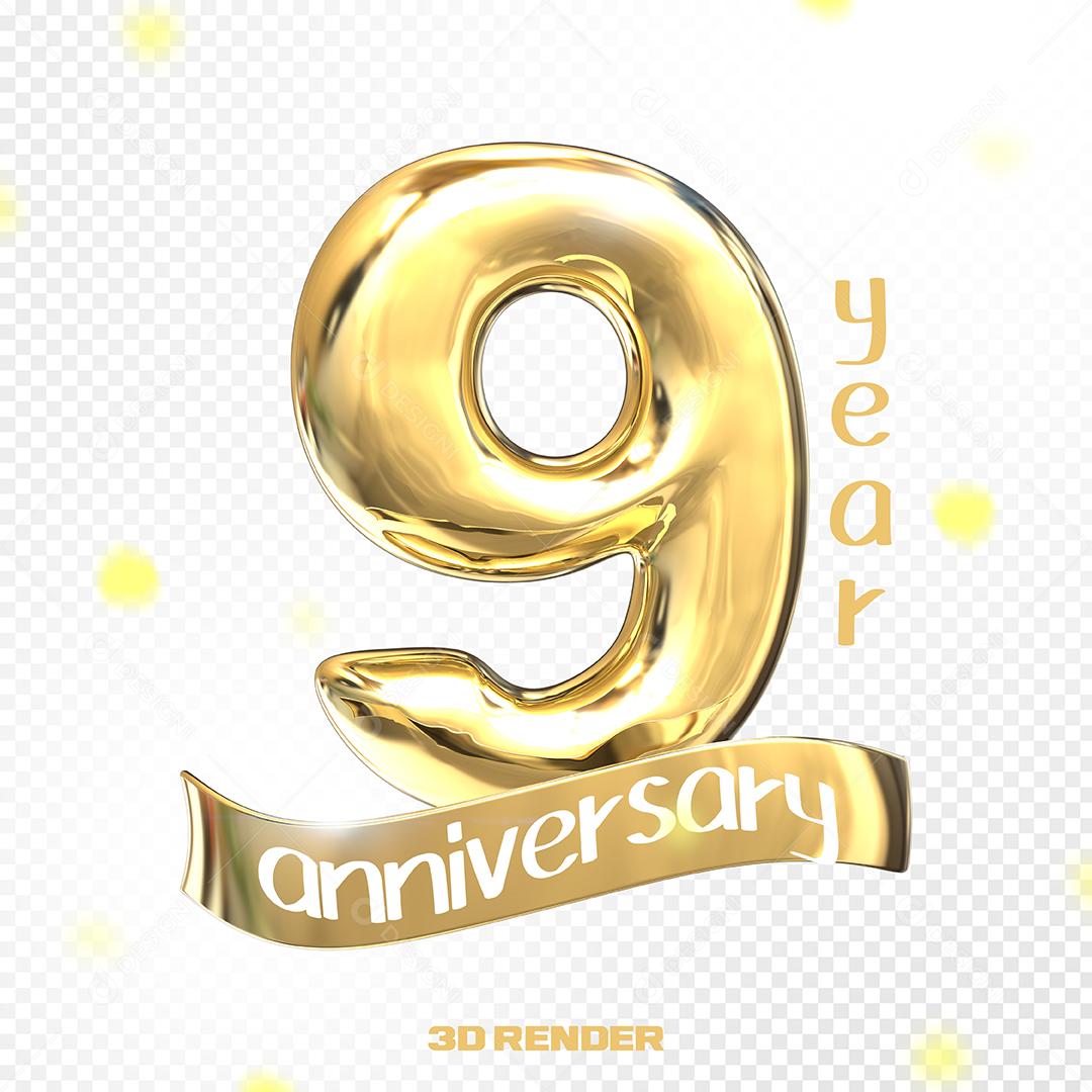 Aniversário de 9 Anos Elemento 3D Dourado PSD