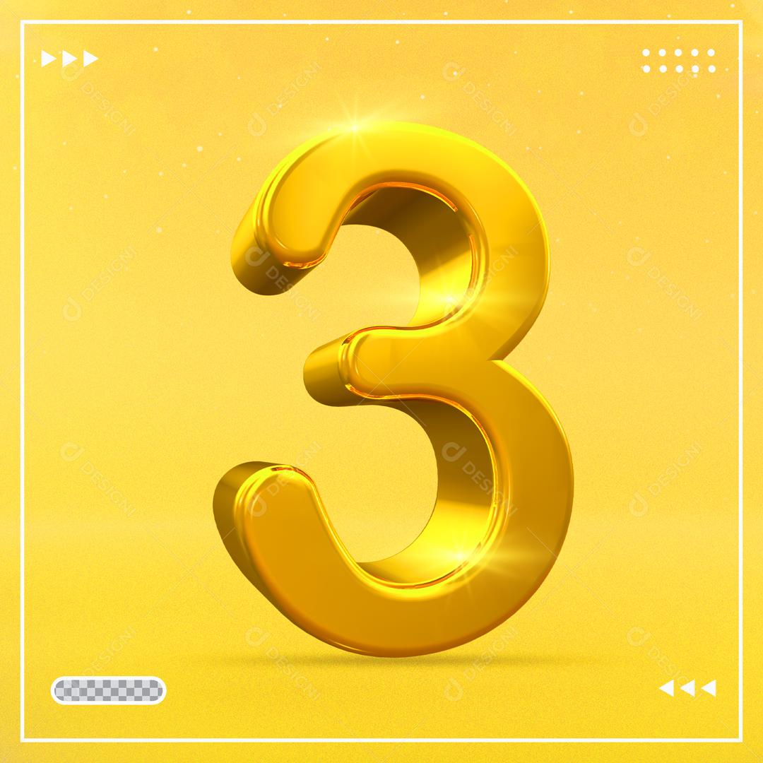 Número 3 Dourado 3D Para composição