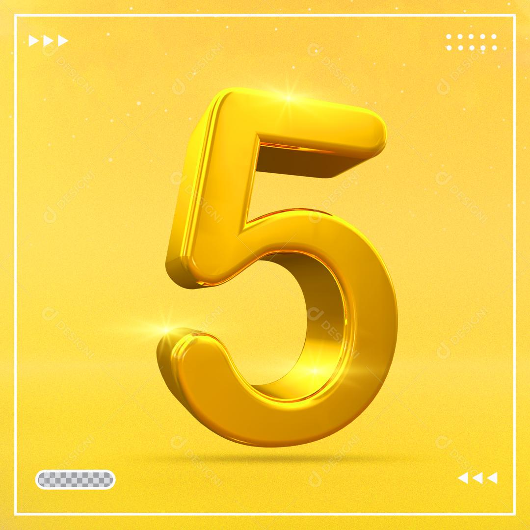 Número 5 Dourado 3D Para composição PSD