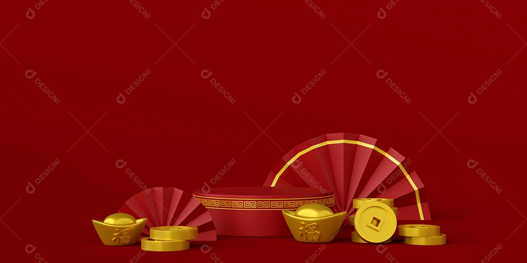 ilustração 3D do banner do ano novo chinês com pódio e lingote e moeda chineses