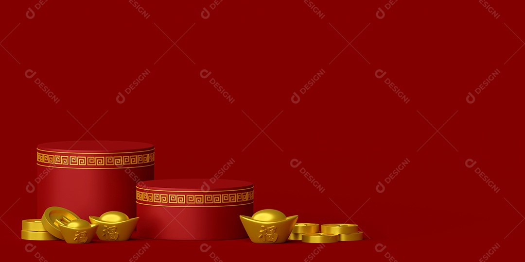 ilustração 3D do banner do ano novo chinês com pódio e lingote e moeda chineses
