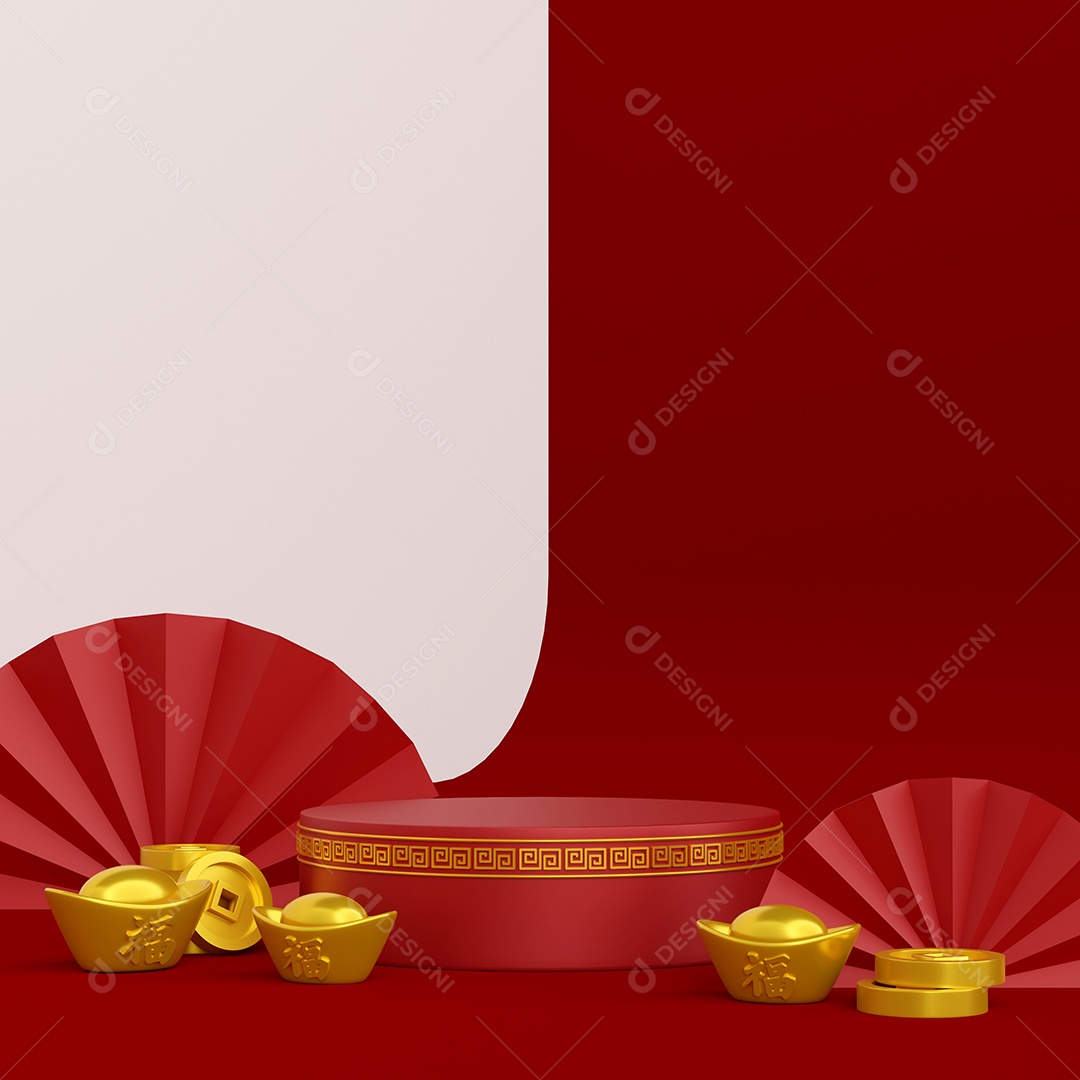 ilustração 3D do banner do ano novo chinês com pódio e lingote e moeda chineses