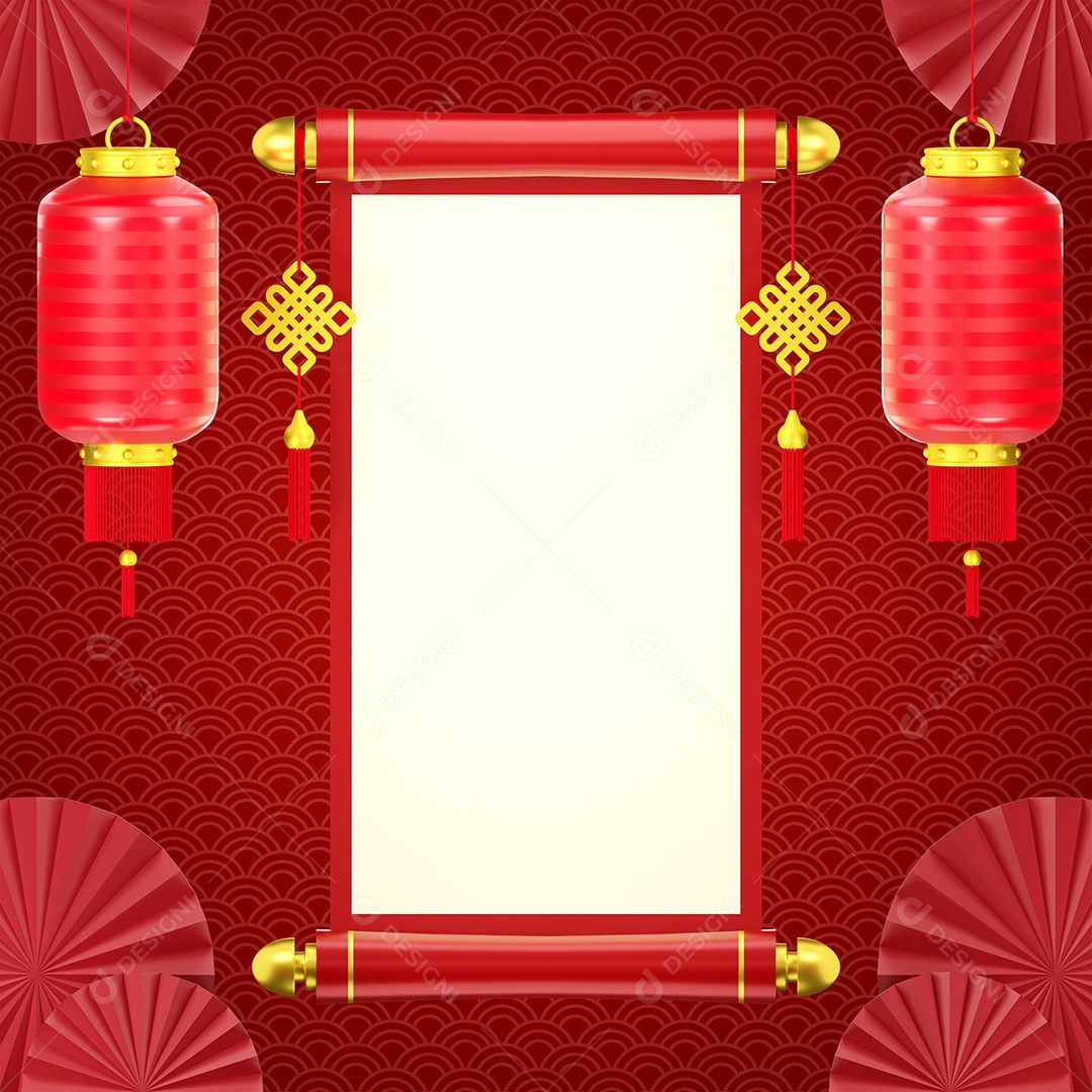 ilustração 3D do banner do ano novo chinês com smartphone com lanterna pendurada