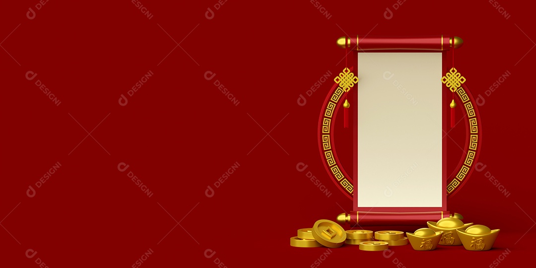 ilustração 3d do banner do ano novo chinês com escritura chinesa, bolacha pendurada e moeda